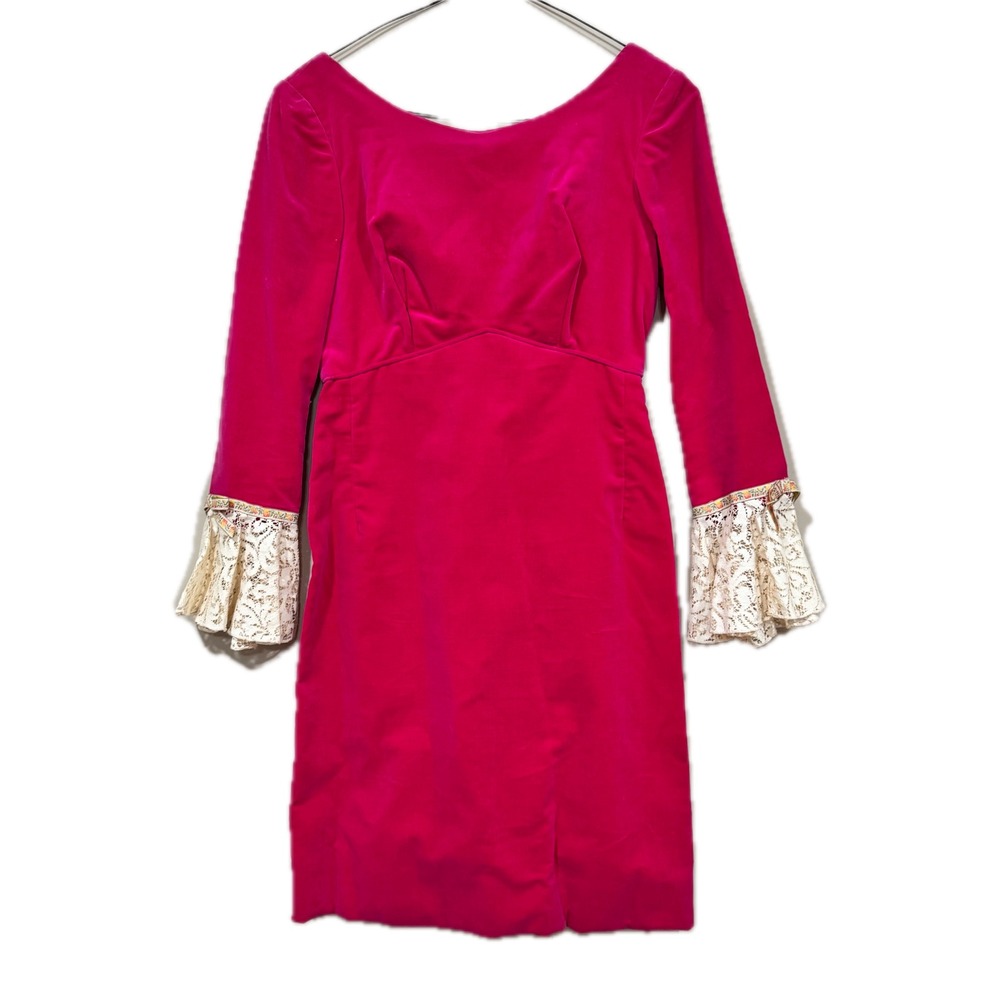 Vtg 1960s Hot Pink Angelair By Monika Sz 8 Mod Velvet‎ Dress W Lace Bell Sleeve